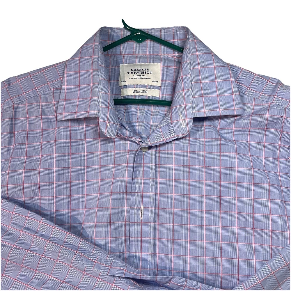 Charles Tyrwhitt Dress Shirt Mens 16-35 Blue Button Slim Fit French Cuff EUC